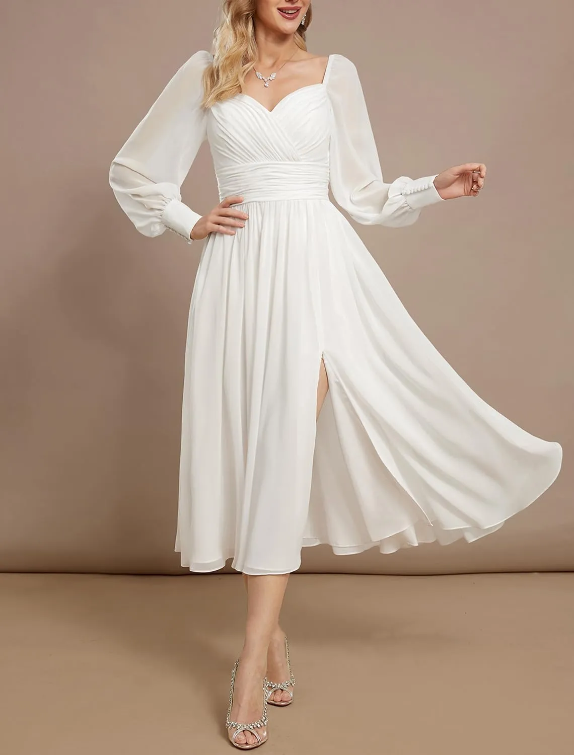 Lace Tea Length Wedding Dresses for Bride A-Line Long Sleeve Bridal Gown Appliques Formal Evening Gowns