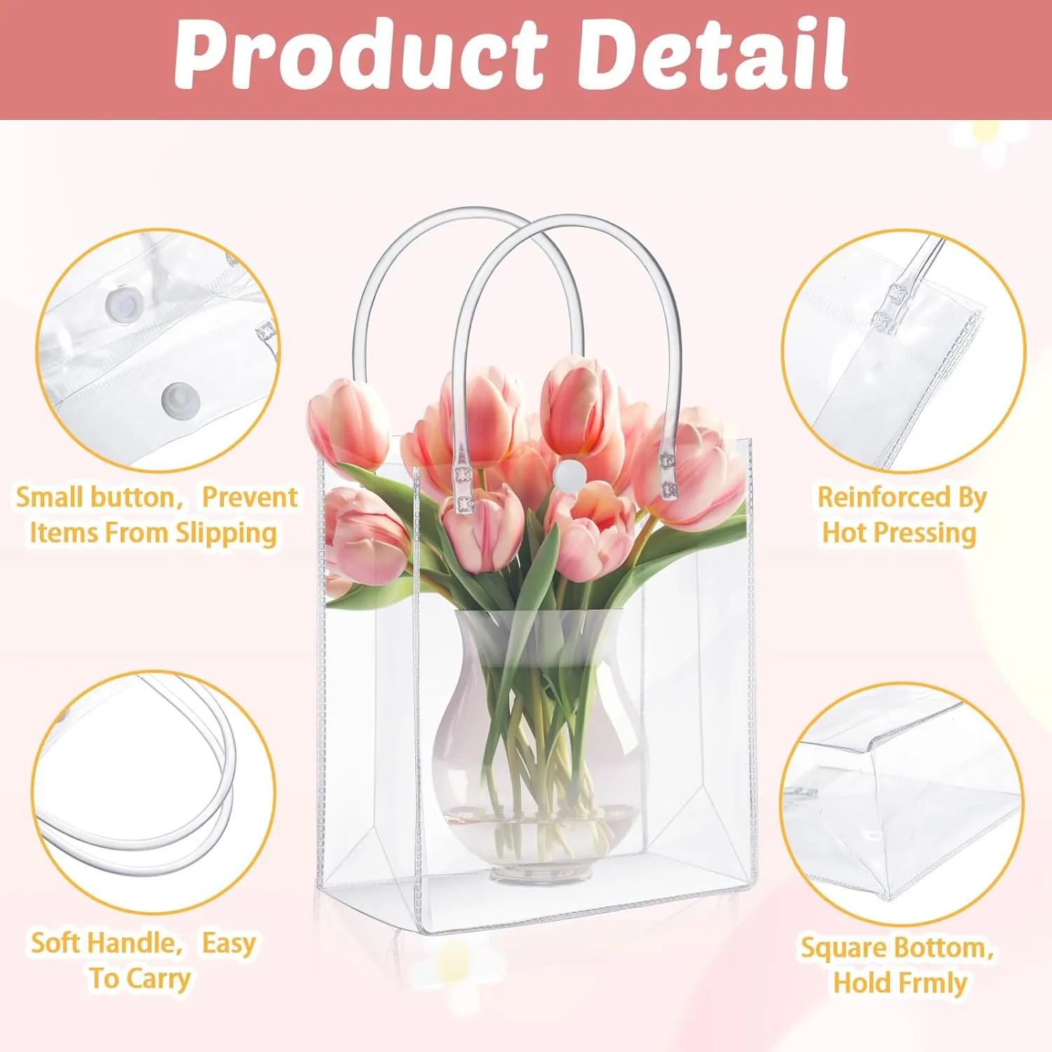 LEIFIDE 50pcs Clear Plastic Gift Bags with Handles PVC Reusable Transparent Totes Bags for Goodie Candy School Birthday Party(5.1 x 5.9 x 2.7 Inch)