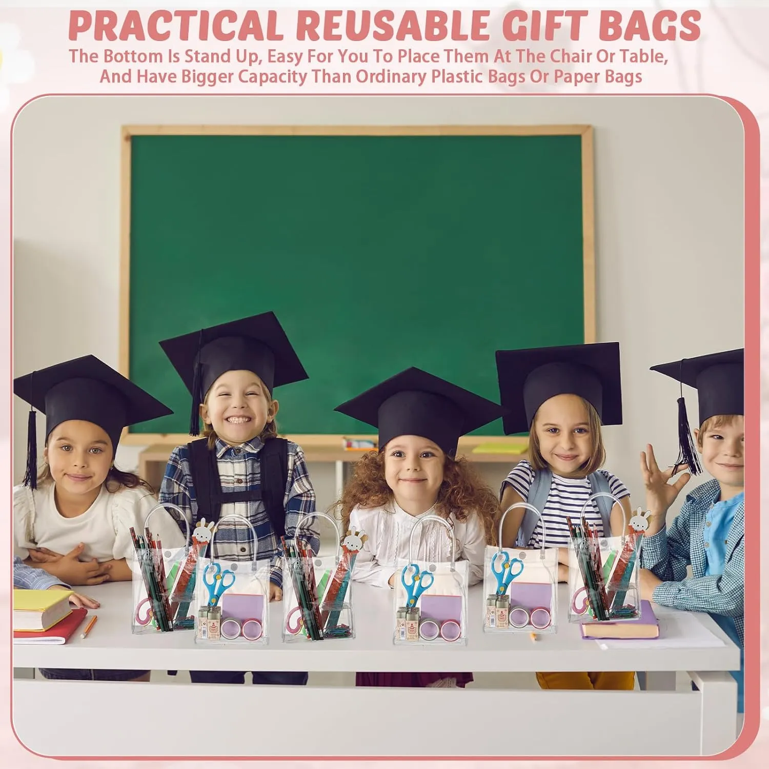 LEIFIDE 50pcs Clear Plastic Gift Bags with Handles PVC Reusable Transparent Totes Bags for Goodie Candy School Birthday Party(5.1 x 5.9 x 2.7 Inch)