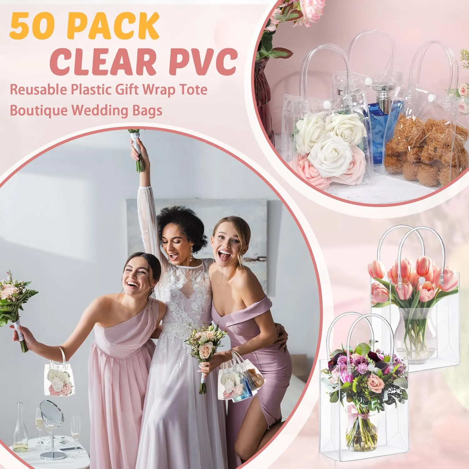 LEIFIDE 50pcs Clear Plastic Gift Bags with Handles PVC Reusable Transparent Totes Bags for Goodie Candy School Birthday Party(5.1 x 5.9 x 2.7 Inch)