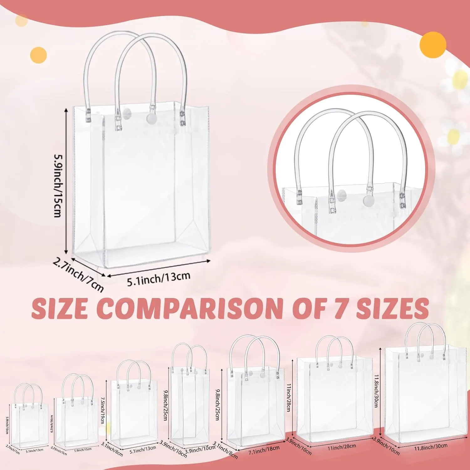 LEIFIDE 50pcs Clear Plastic Gift Bags with Handles PVC Reusable Transparent Totes Bags for Goodie Candy School Birthday Party(5.1 x 5.9 x 2.7 Inch)