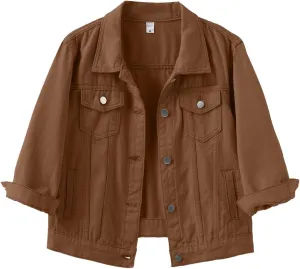Locachy Womens 3/4 Sleeve Short Denim Jacket Lapel Button Down Cropped Trucker Jean Jackets Coats Dark Khaki M