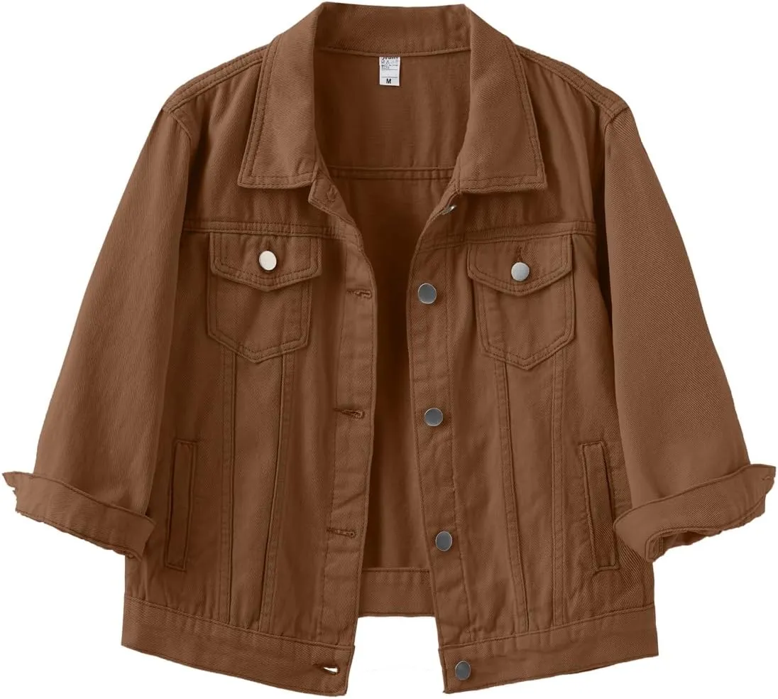 Locachy Womens 3/4 Sleeve Short Denim Jacket Lapel Button Down Cropped Trucker Jean Jackets Coats Dark Khaki M