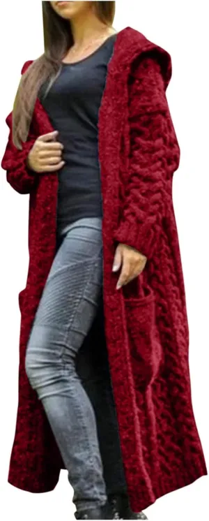 Long Chunky Cable Knit Cardigans For Women Open Front Long Hooded Sweater 2024 Winter Warm Oversized Solid Outwear