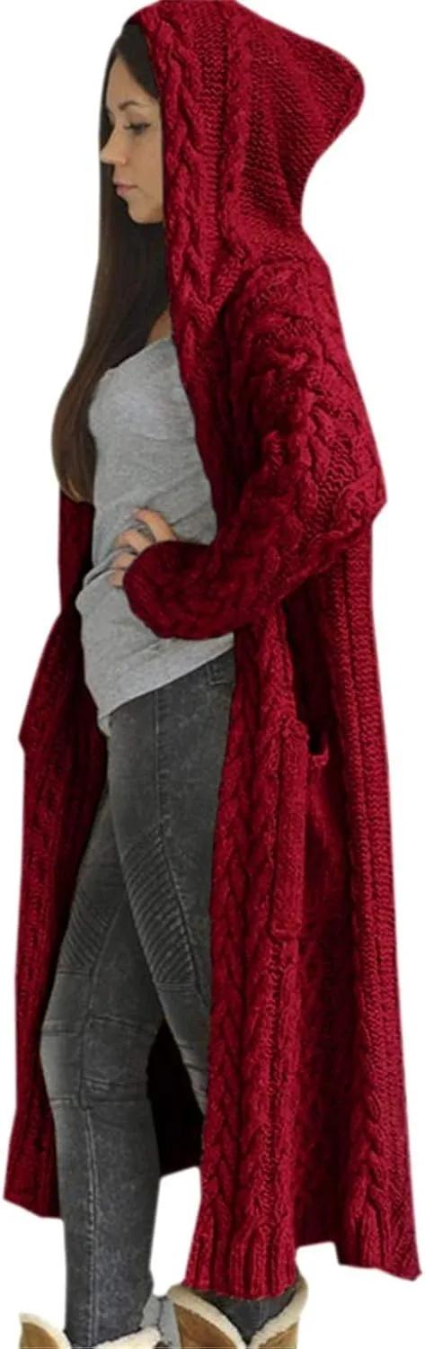 Long Chunky Cable Knit Cardigans For Women Open Front Long Hooded Sweater 2024 Winter Warm Oversized Solid Outwear