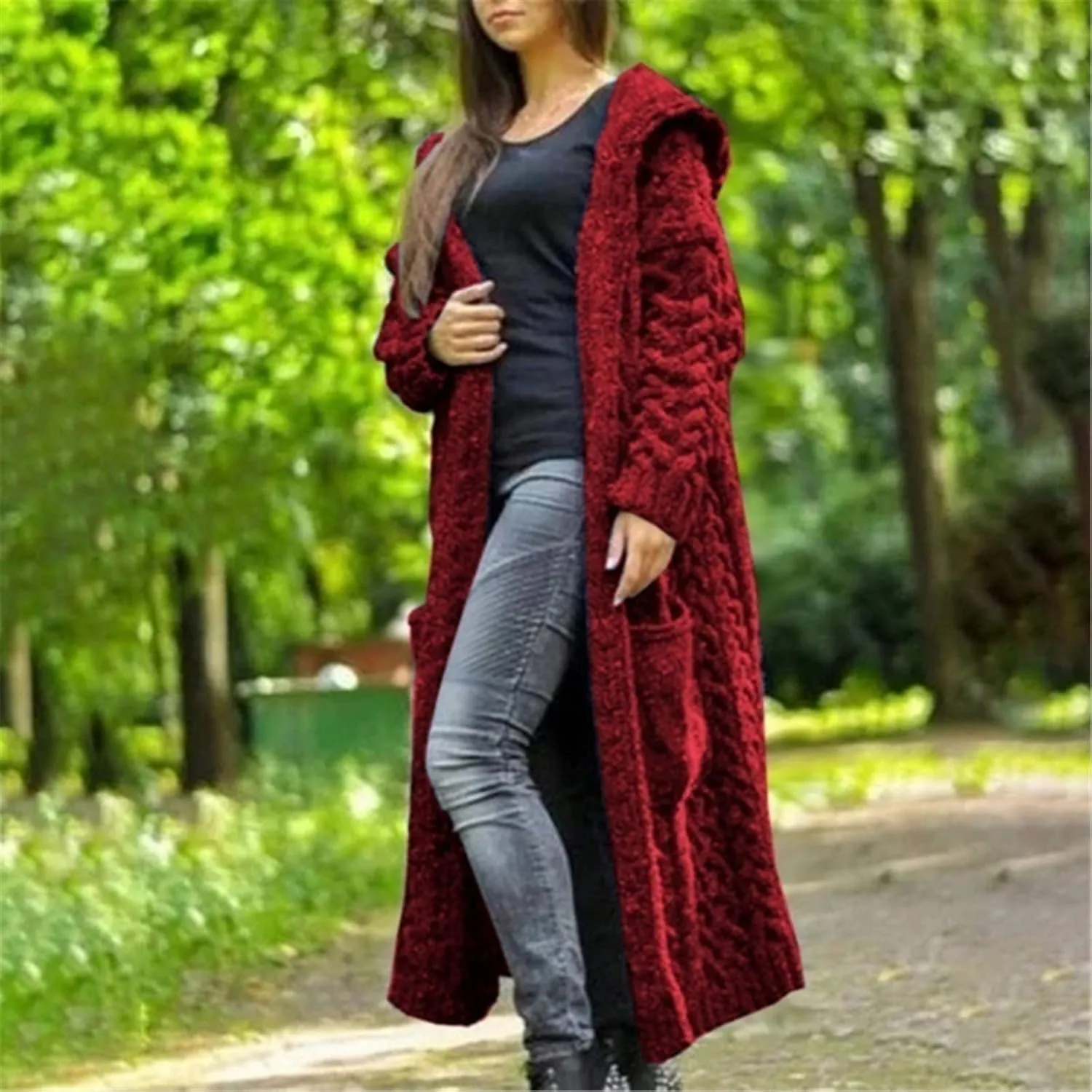Long Chunky Cable Knit Cardigans For Women Open Front Long Hooded Sweater 2024 Winter Warm Oversized Solid Outwear
