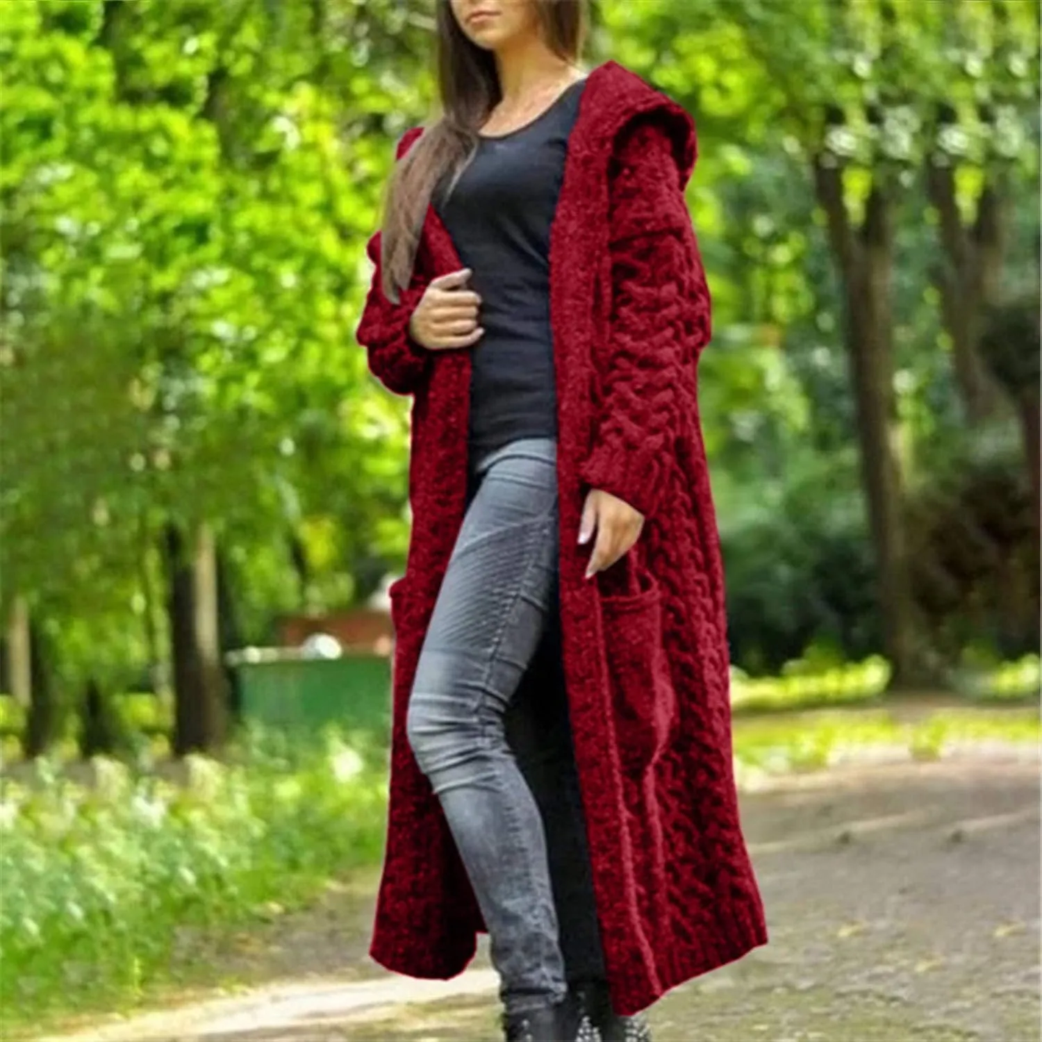 Long Chunky Cable Knit Cardigans For Women Open Front Long Hooded Sweater 2024 Winter Warm Oversized Solid Outwear