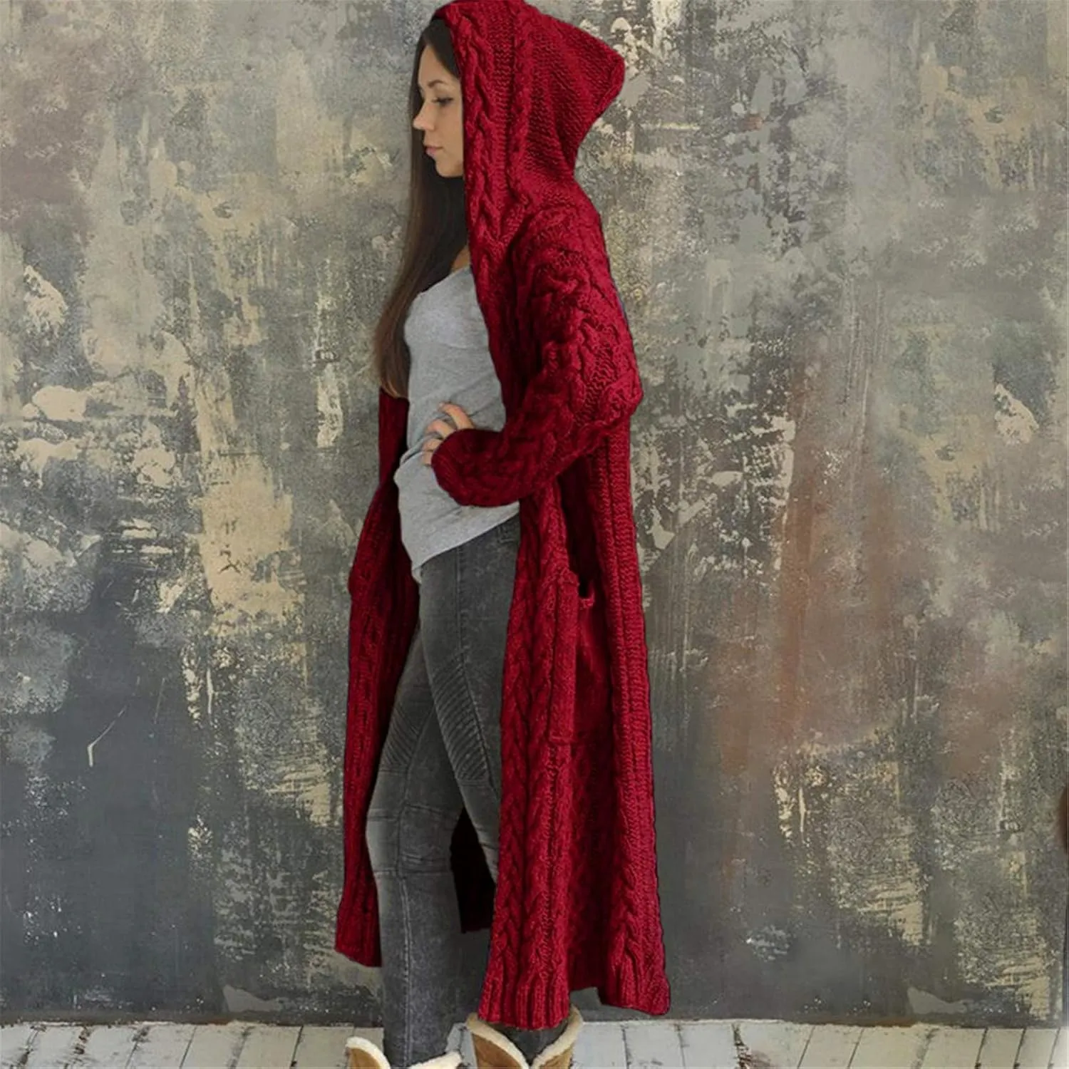 Long Chunky Cable Knit Cardigans For Women Open Front Long Hooded Sweater 2024 Winter Warm Oversized Solid Outwear