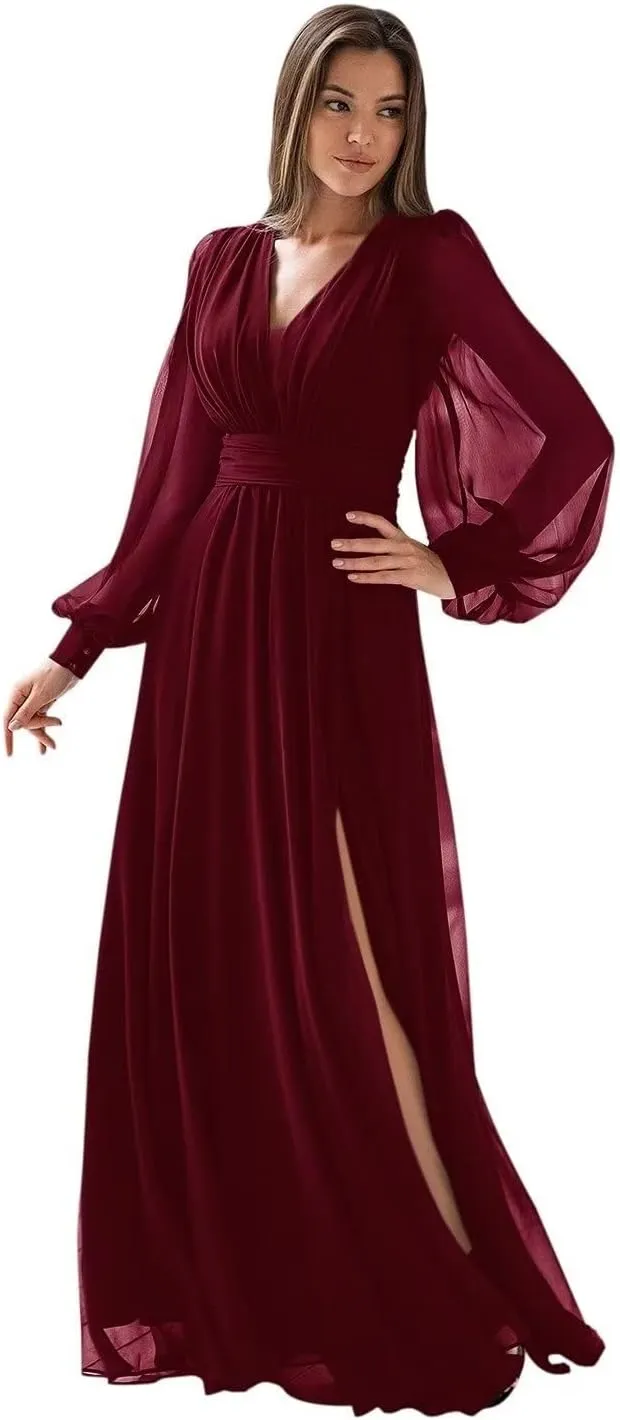 Long Sleeve Bridesmaid Dresses for Women Chiffon Formal Dress Long Prom Evening Dresses with Slit