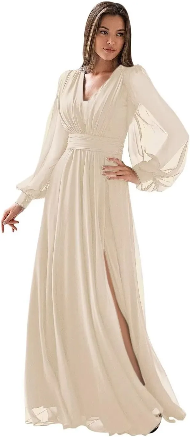 Long Sleeve Bridesmaid Dresses for Women Chiffon Formal Dress Long Prom Evening Dresses with Slit