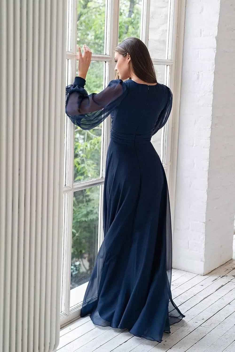 Long Sleeve Bridesmaid Dresses for Women Chiffon Formal Dress Long Prom Evening Dresses with Slit