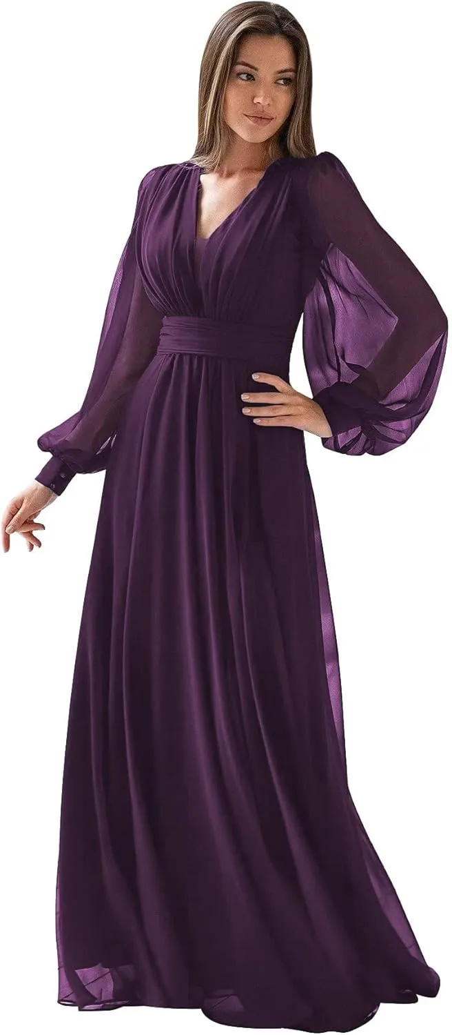 Long Sleeve Bridesmaid Dresses for Women Chiffon Formal Dress Long Prom Evening Dresses with Slit