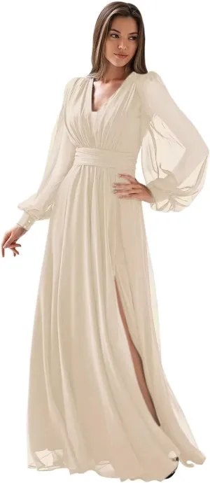 Long Sleeve Bridesmaid Dresses for Women Chiffon Formal Dress Long Prom Evening Dresses with Slit