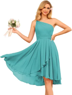 Loyeloy One Shoulder Short Bridesmaid Dresses with Pockets 2025 Ruffles Chiffon Pleats Formal Party Dress