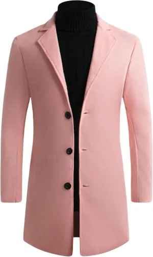 Maiyifu-GJ Men's Casual Mid-Length Trench Coat Single Breasted Business Coats Winter Notched Lapel Windbreaker Jacket (Pink,3X-Large)