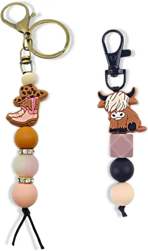 Meefisher Cute Highland Cattle Keychain Cow Silicone Bead Bracelet Wristlet Tassel Keyring Gifts Pendants Charm (2 PCS (Dark brown-B, Boots))