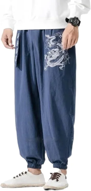 Men Chinese Style Embroidery Kung Fu Harem Pants Male Japanese Sports Casual Trousers