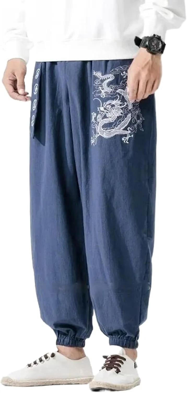 Men Chinese Style Embroidery Kung Fu Harem Pants Male Japanese Sports Casual Trousers