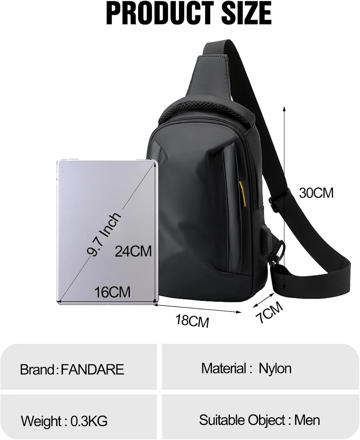 Men Crossbody sling bag Chest messenger pack with USB