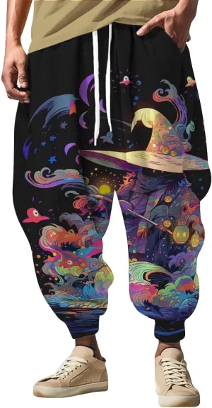 Men Hippie Harem Pants Men's Autumn Fun Print Fashion Street Feel Casual Sweatpants Cotton Drawstring Cargo Pants