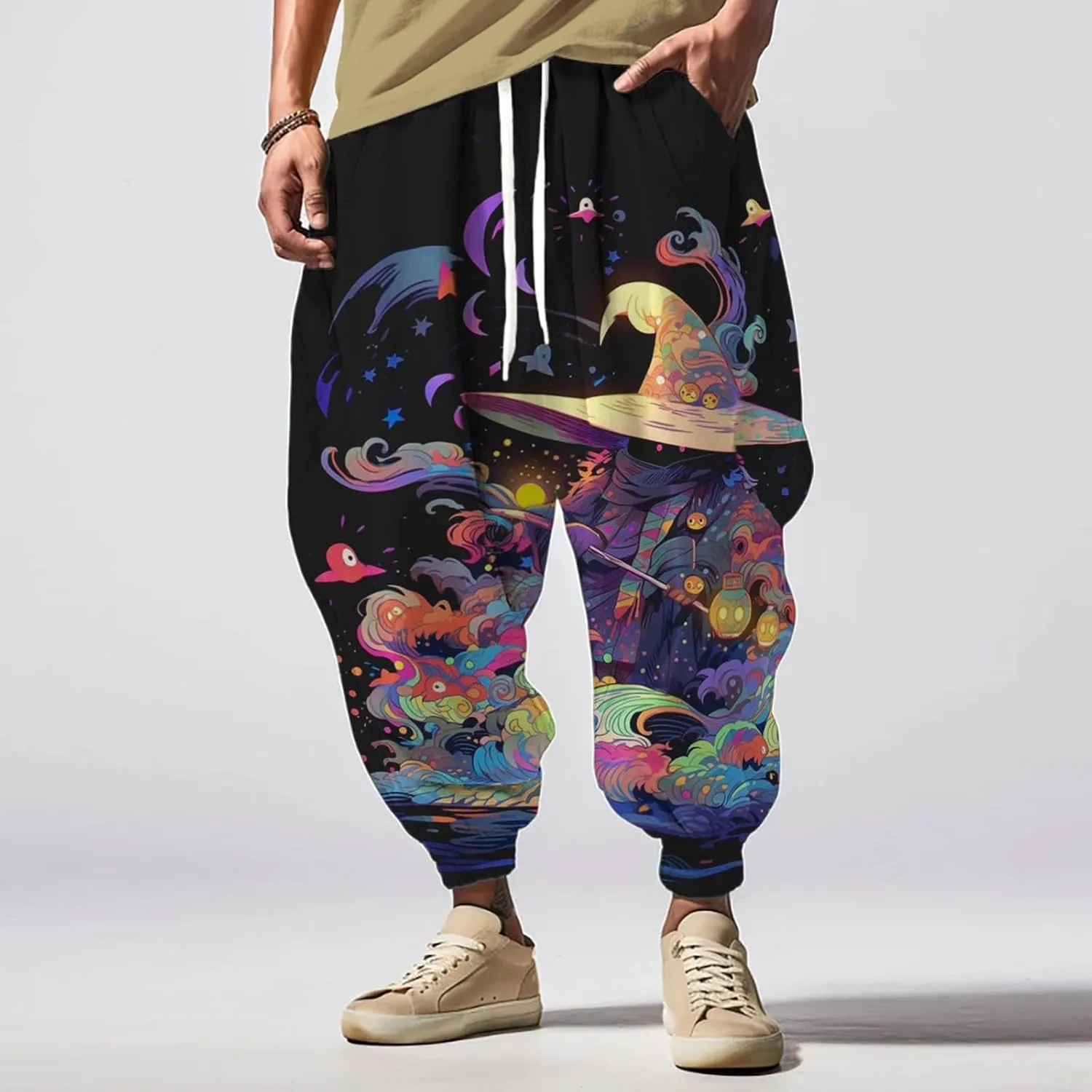 Men Hippie Harem Pants Men's Autumn Fun Print Fashion Street Feel Casual Sweatpants Cotton Drawstring Cargo Pants