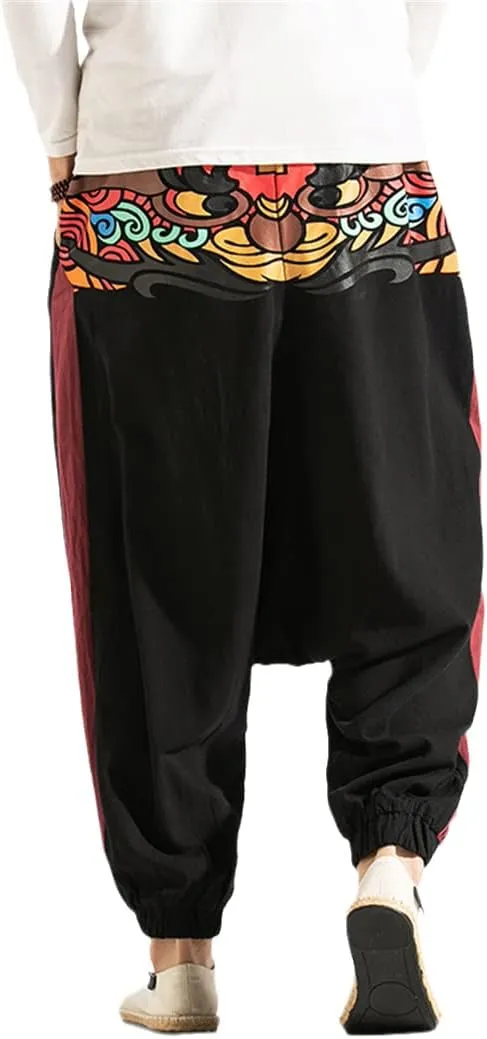 Men Wide Leg Linen Harem Pants Elastic Waist Loose Hiphop Crotch Pants Cross-Pants Street Trousers
