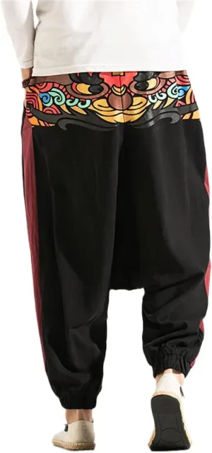 Men Wide Leg Linen Harem Pants Elastic Waist Loose Hiphop Crotch Pants Cross-Pants Street Trousers