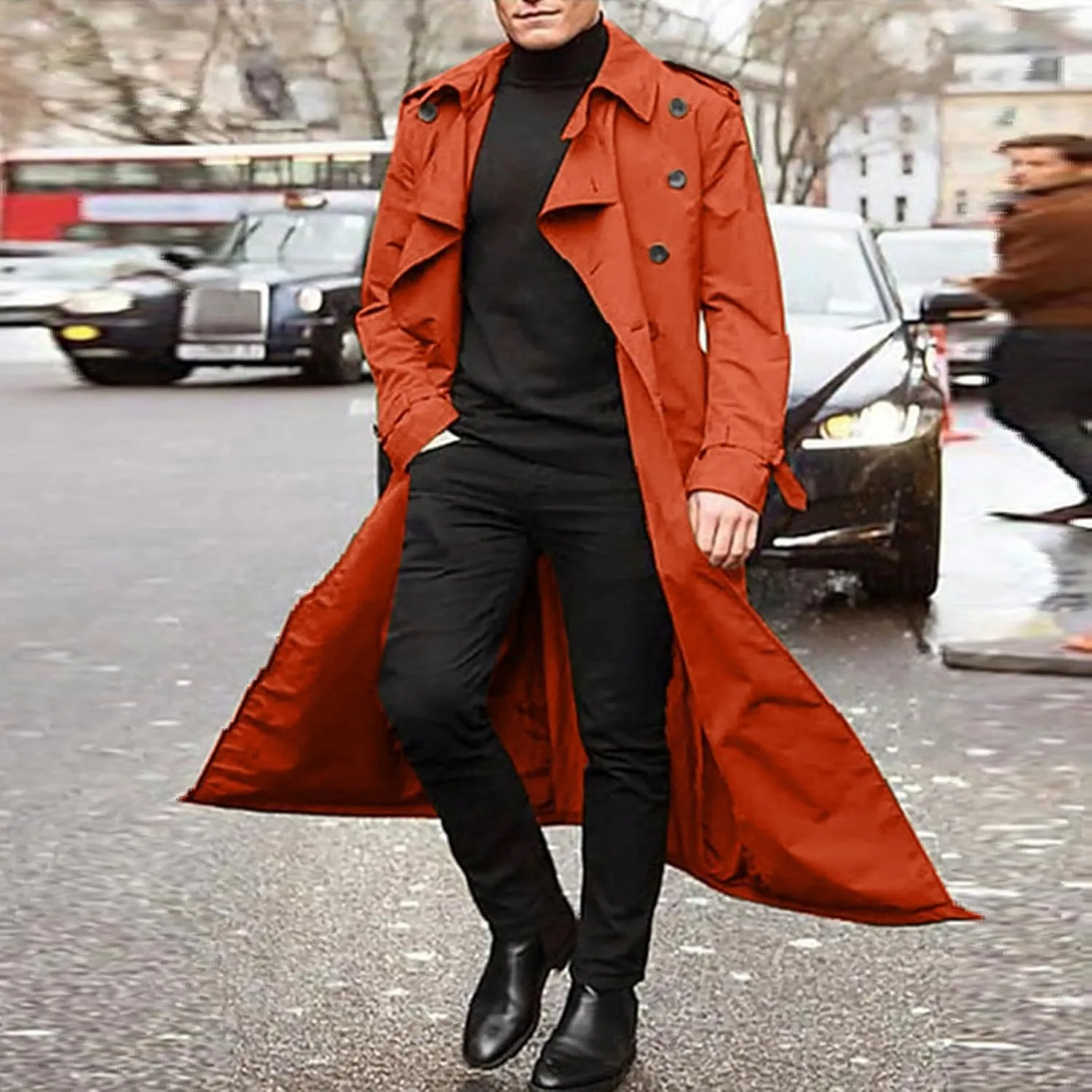 Men's Autumn and Winter Long Trench Coat Double Breasted Coats Belt Loose Jacket Mens Fashion Jackets (Orange, XXL)