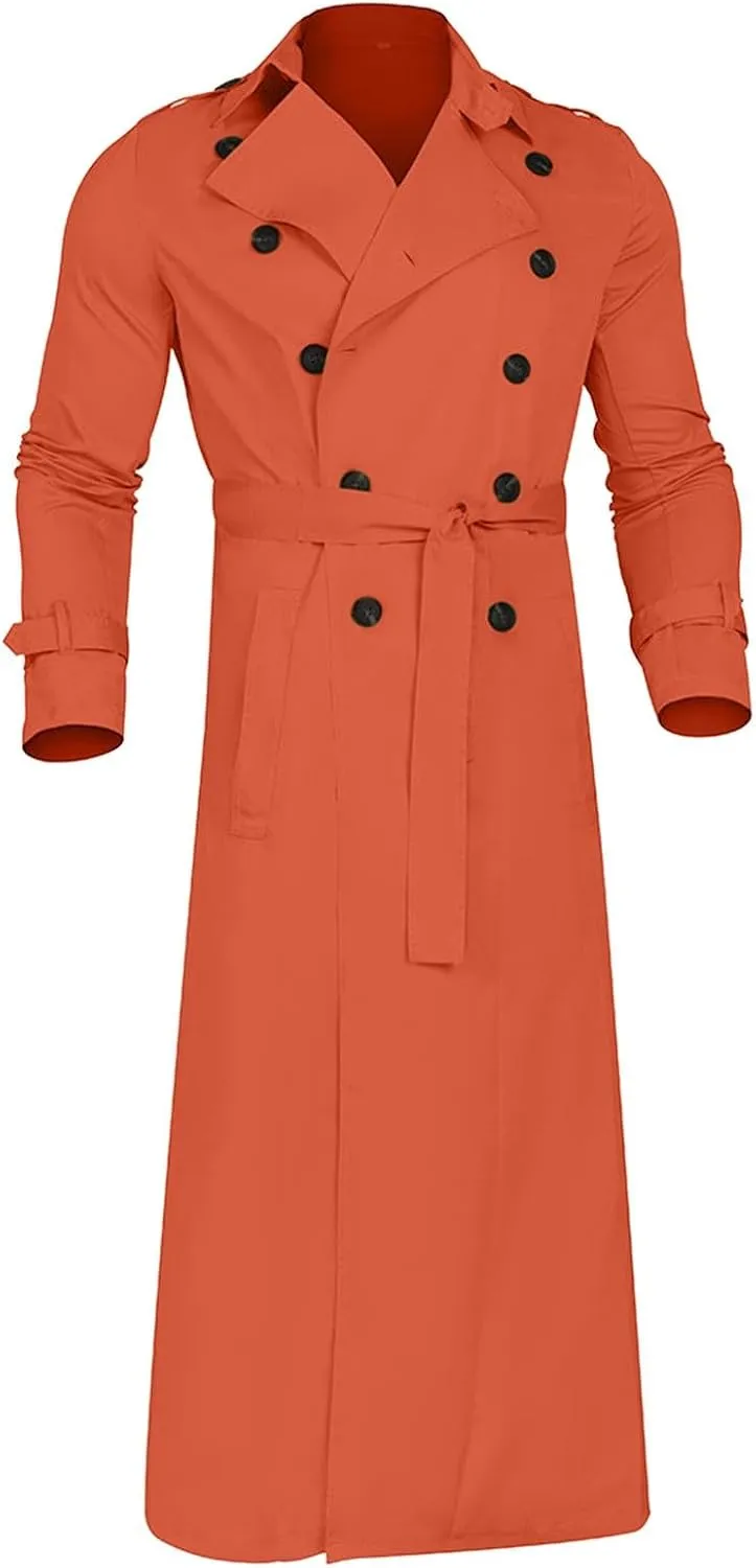Men's Autumn and Winter Long Trench Coat Double Breasted Coats Belt Loose Jacket Mens Fashion Jackets (Orange, XXL)