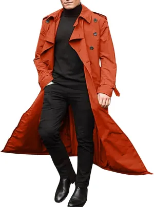 Men's Autumn and Winter Long Trench Coat Double Breasted Coats Belt Loose Jacket Mens Fashion Jackets (Orange, XXL)