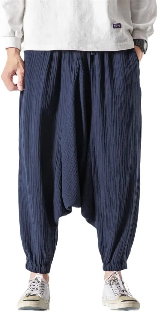 Men's Harem Pants Baggy Solid Cross Pants Retro Streetwear Wide Legs Pants Joggers Cotton Linen Trousers