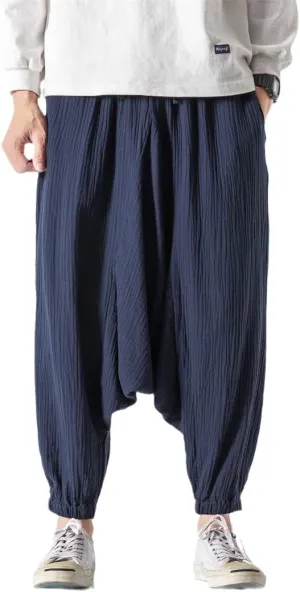 Men's Harem Pants Baggy Solid Cross Pants Retro Streetwear Wide Legs Pants Joggers Cotton Linen Trousers
