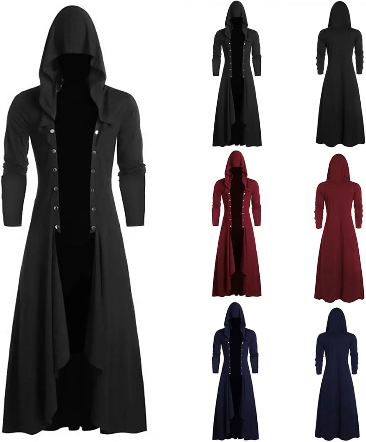 Mens Hooded Jacket Faux Leather Insert Button Up Coat Low Gothic Hoodie Long Button Coat Jackets Coats Men