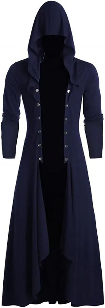 Mens Hooded Jacket Faux Leather Insert Button Up Coat Low Gothic Hoodie Long Button Coat Jackets Coats Men