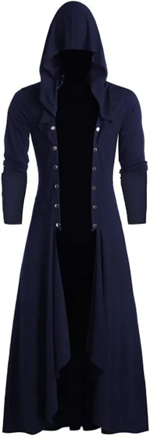 Mens Hooded Jacket Faux Leather Insert Button Up Coat Low Gothic Hoodie Long Button Coat Jackets Coats Men