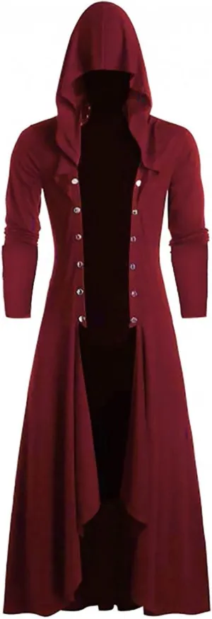 Mens Hooded Jacket Faux Leather Insert Button Up Coat Low Gothic Hoodie Long Button Coat Jackets Coats Men