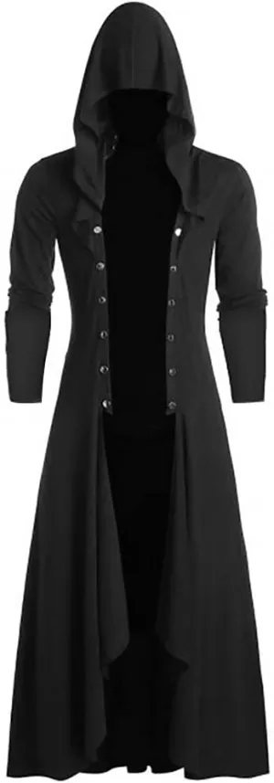Mens Hooded Jacket Faux Leather Insert Button Up Coat Low Gothic Hoodie Long Button Coat Jackets Coats Men
