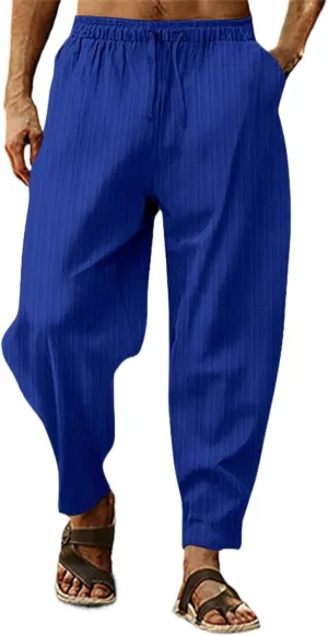 Mens Linen Cotton Drawstring Pants Elastic Waist Drawstring Casual Striped Trousers Trend Hippie Hip Hop Streetwear for Men