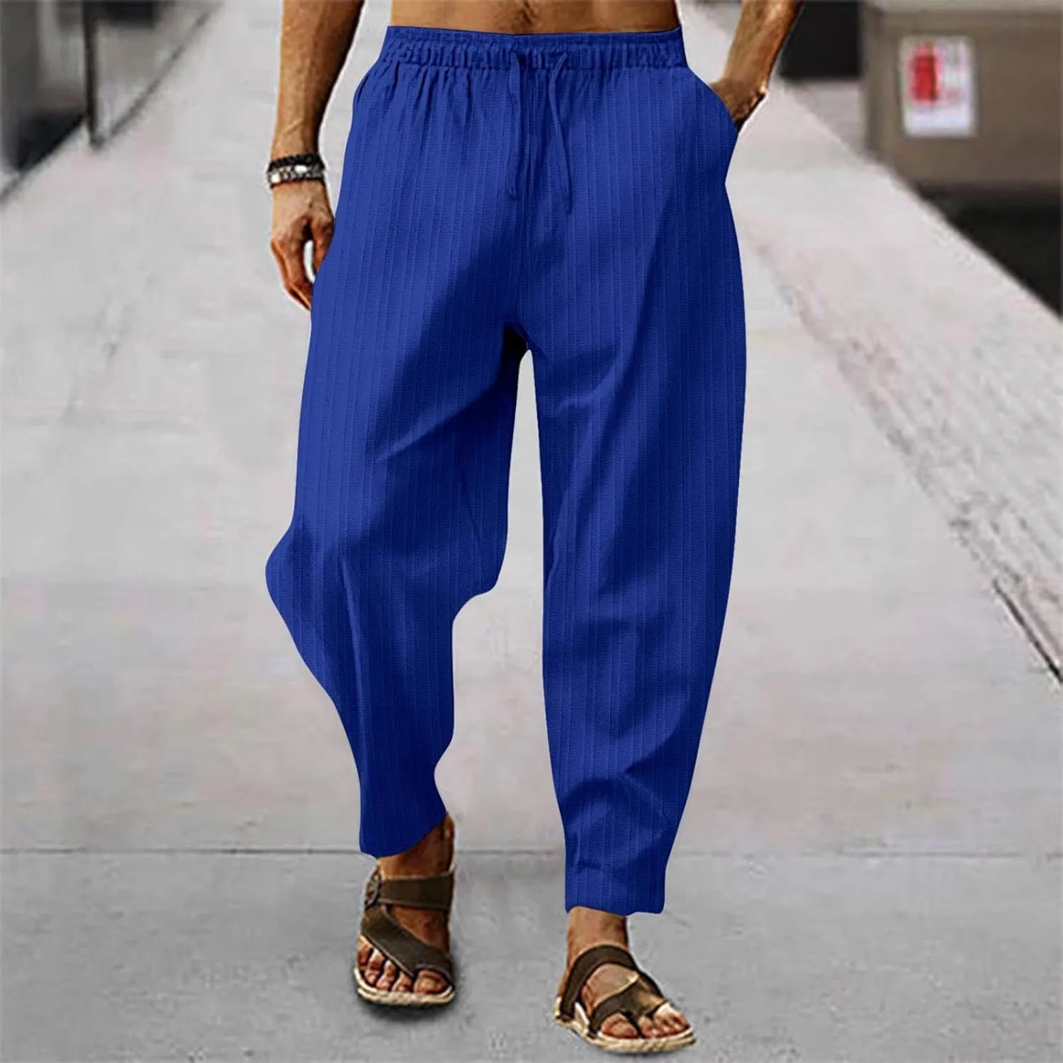 Mens Linen Cotton Drawstring Pants Elastic Waist Drawstring Casual Striped Trousers Trend Hippie Hip Hop Streetwear for Men