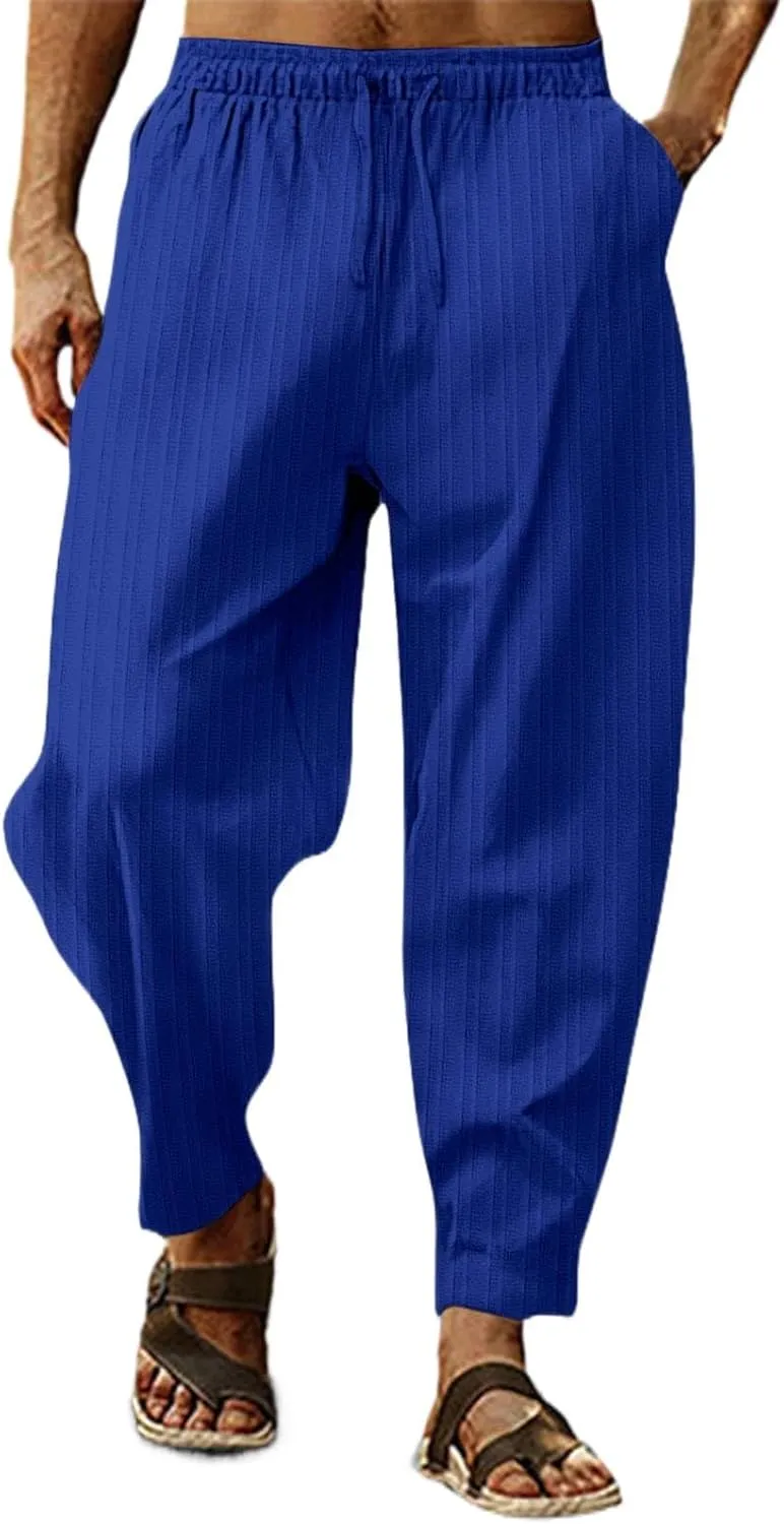 Mens Linen Cotton Drawstring Pants Elastic Waist Drawstring Casual Striped Trousers Trend Hippie Hip Hop Streetwear for Men