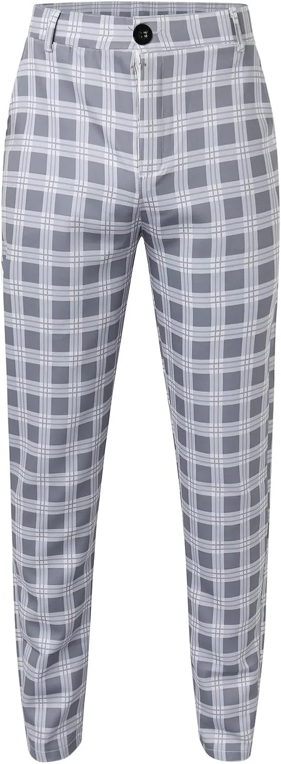 Mens Plaid Stretch Dress Pants Slim Fit Skinny Flat Front Chino Pants Business Casual Checkered Tapered Pants