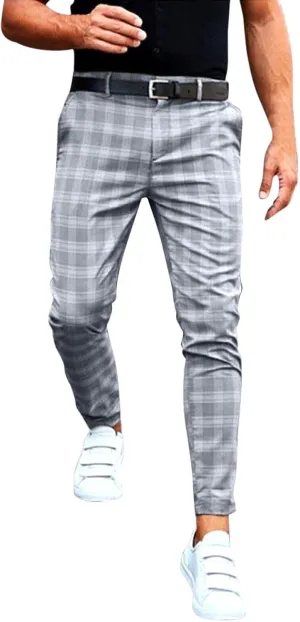 Mens Plaid Stretch Dress Pants Slim Fit Skinny Flat Front Chino Pants Business Casual Checkered Tapered Pants