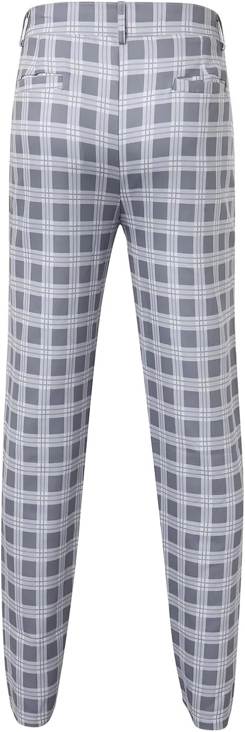 Mens Plaid Stretch Dress Pants Slim Fit Skinny Flat Front Chino Pants Business Casual Checkered Tapered Pants