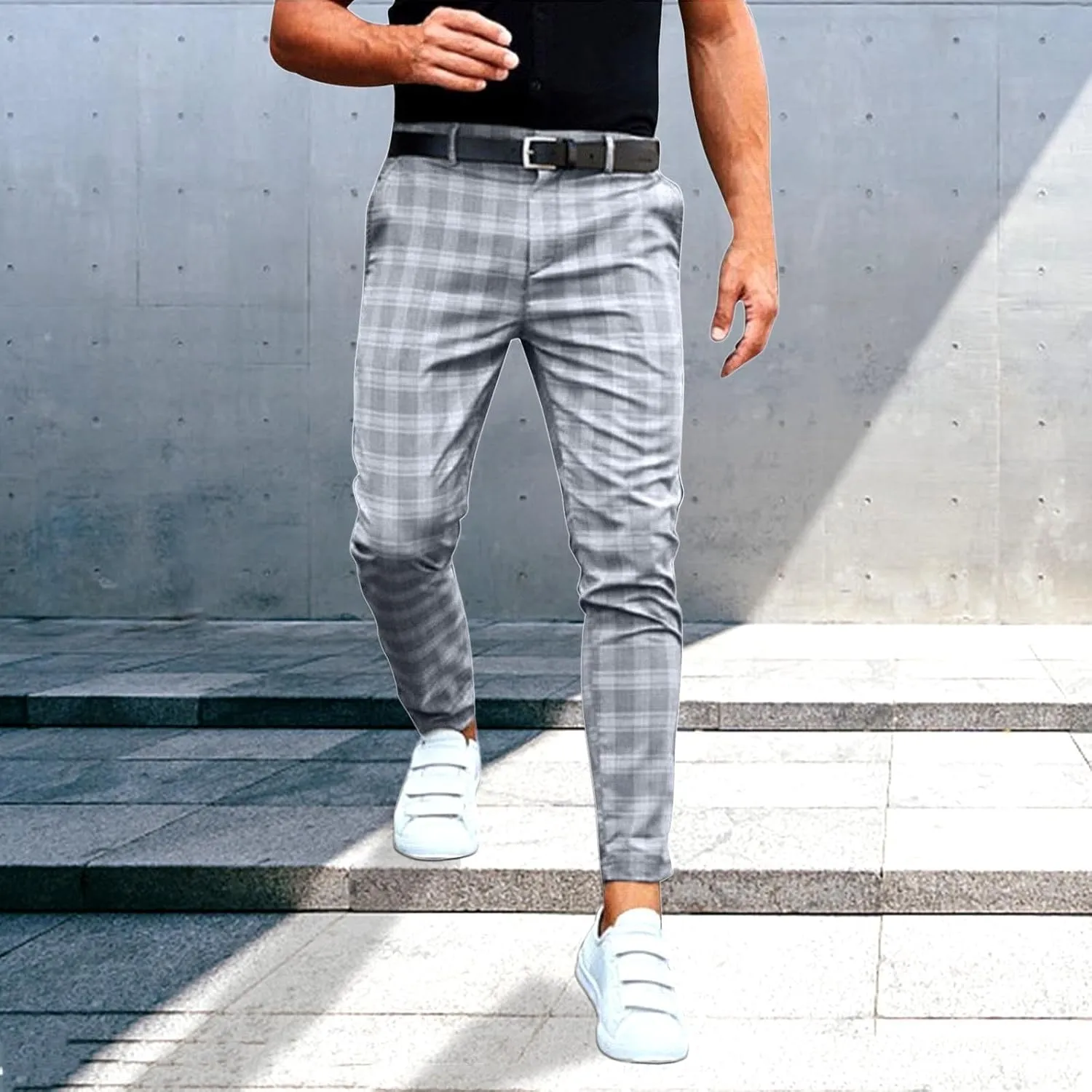 Mens Plaid Stretch Dress Pants Slim Fit Skinny Flat Front Chino Pants Business Casual Checkered Tapered Pants