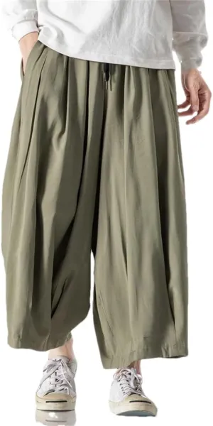 Men's Solid Cotton Hip-Hop Wide-Leg Pants, Loose Crotch Pants, Jogging Nine-Point Harem Pants