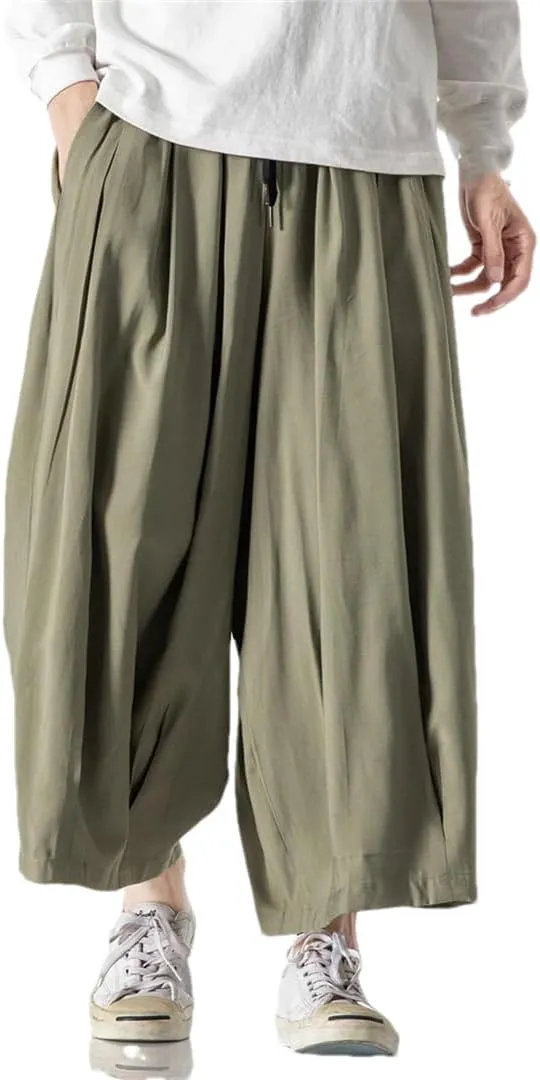 Men's Solid Cotton Hip-Hop Wide-Leg Pants, Loose Crotch Pants, Jogging Nine-Point Harem Pants