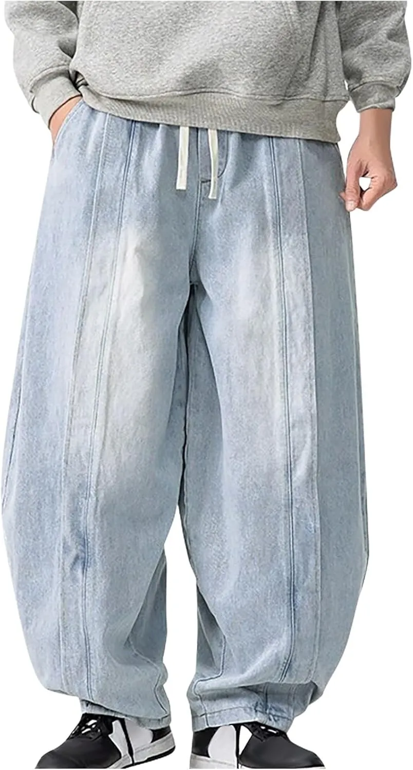 Men's Vintage Harem Denim Pants 2025 Casual Loose Trendy Plus Size Pants Drawstring Wide Leg Jean Pants with Pockets