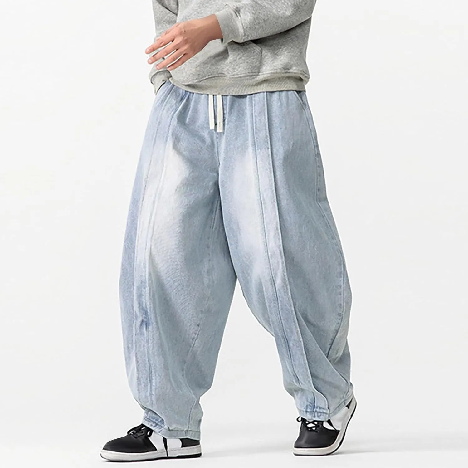 Men's Vintage Harem Denim Pants 2025 Casual Loose Trendy Plus Size Pants Drawstring Wide Leg Jean Pants with Pockets