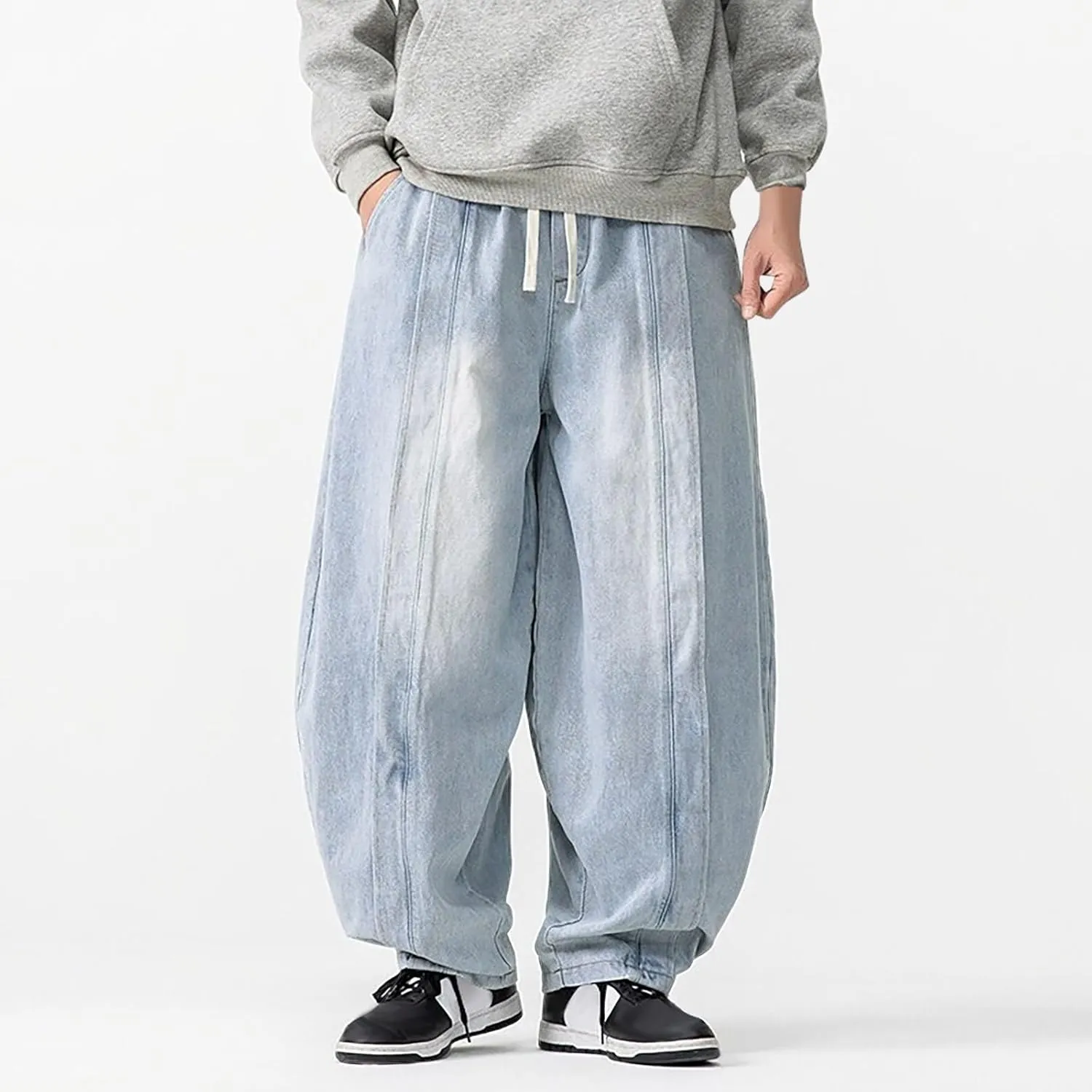 Men's Vintage Harem Denim Pants 2025 Casual Loose Trendy Plus Size Pants Drawstring Wide Leg Jean Pants with Pockets