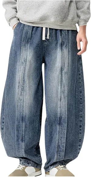 Men's Vintage Harem Denim Pants 2025 Casual Loose Trendy Plus Size Pants Drawstring Wide Leg Jean Pants with Pockets